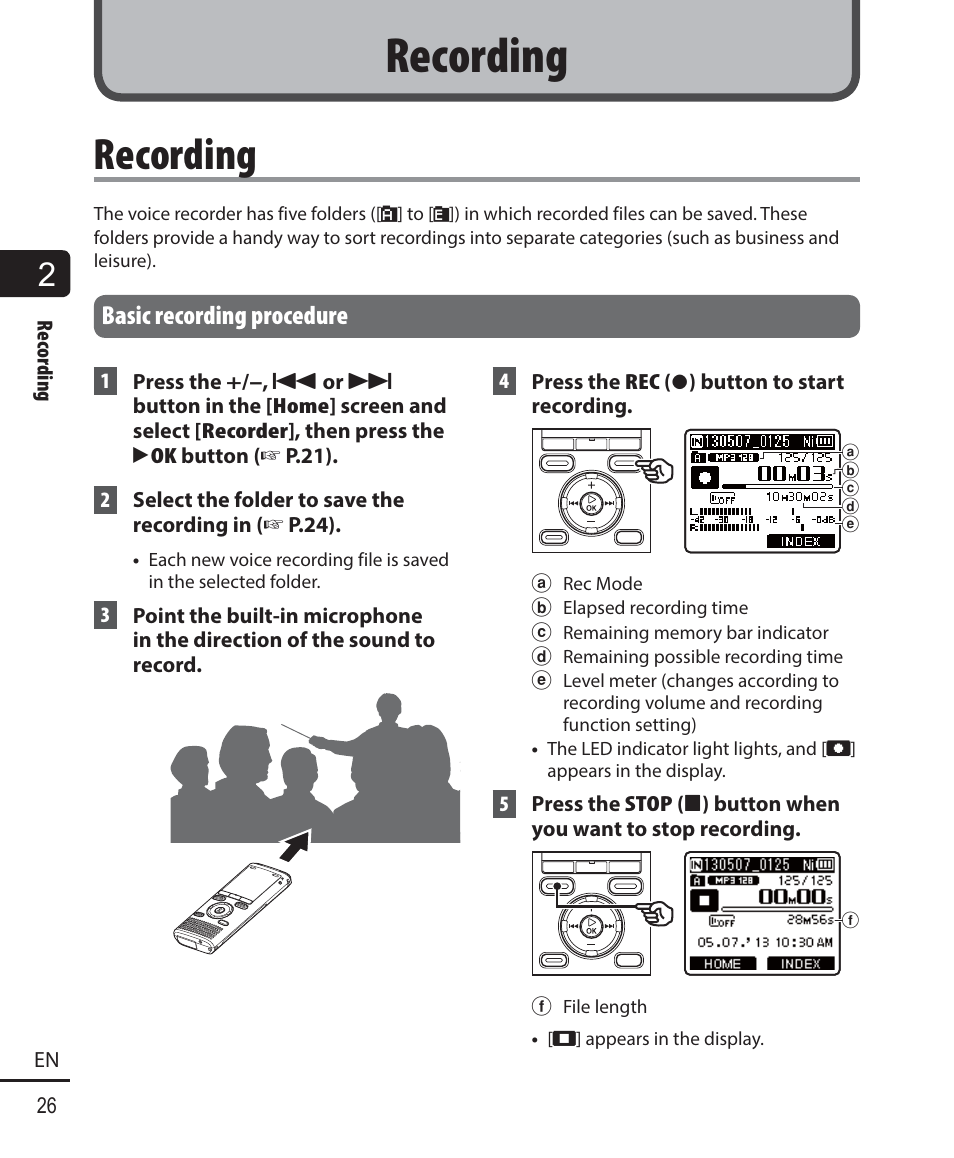 Recording, Basic recording procedure | Olympus WS-823 User Manual | Page 26 / 118