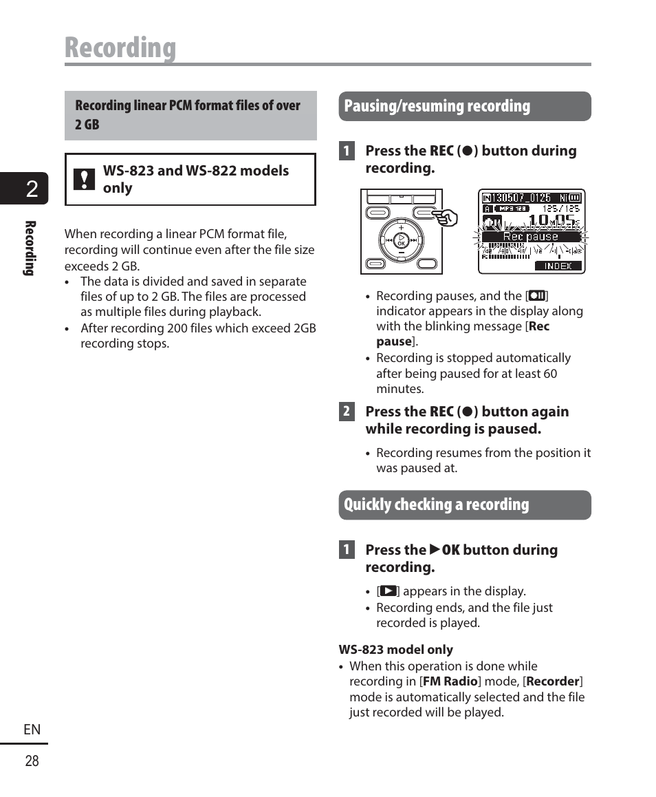 Recording, Pausing/resuming recording, Quickly checking a recording | Olympus WS-823 User Manual | Page 28 / 118