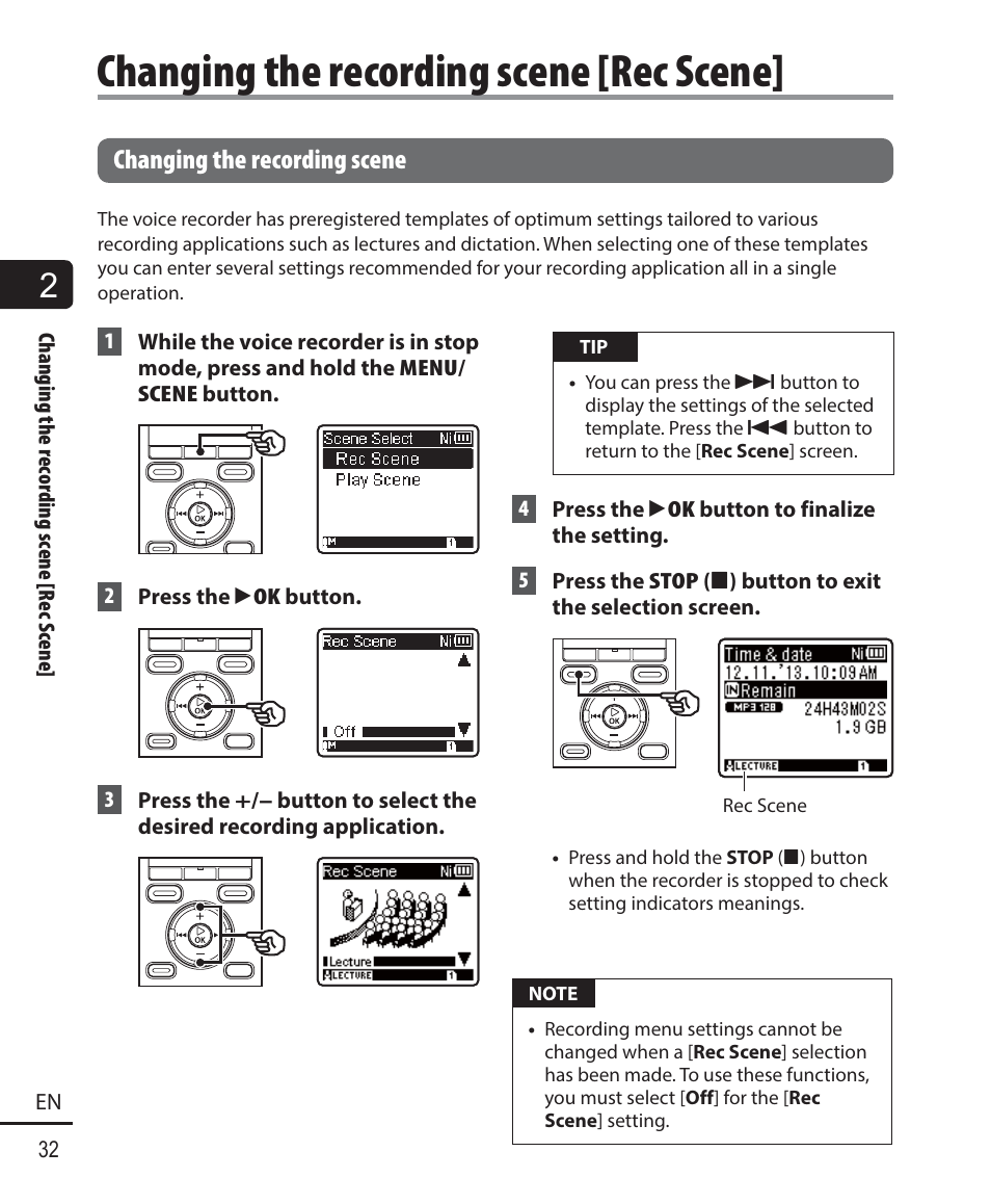 Changing the recording scene [rec scene, Changing the recording scene | Olympus WS-823 User Manual | Page 32 / 118