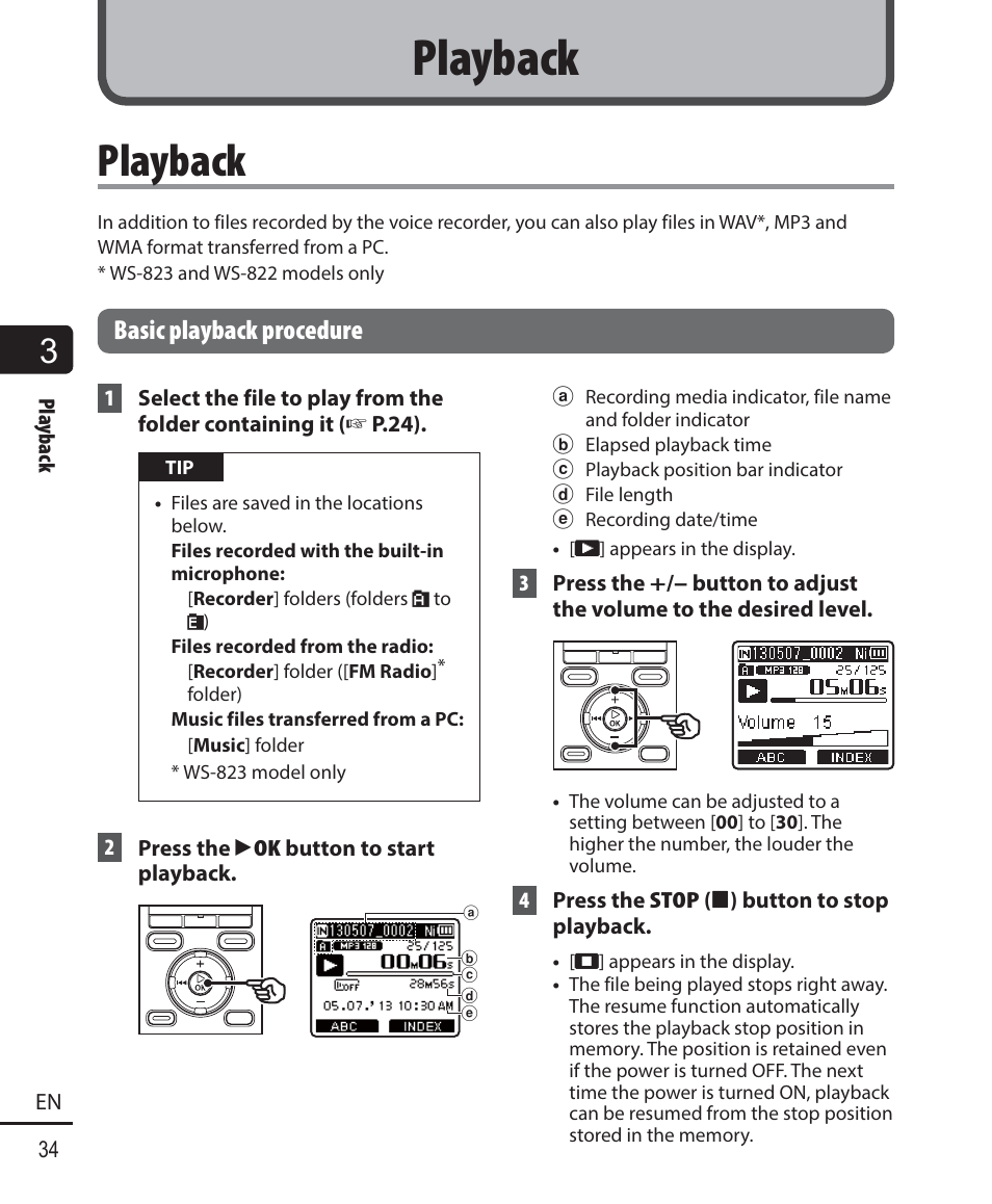 Playback, Basic playback procedure | Olympus WS-823 User Manual | Page 34 / 118