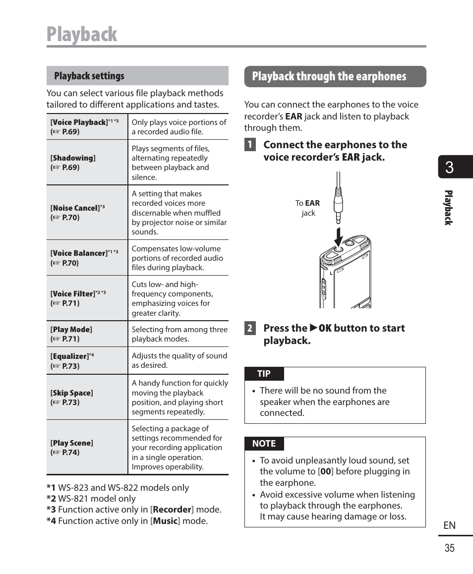 Playback, Playback through the earphones, Pla yback 35 en | Playback settings, 2 press the ` ok button to start playback | Olympus WS-823 User Manual | Page 35 / 118