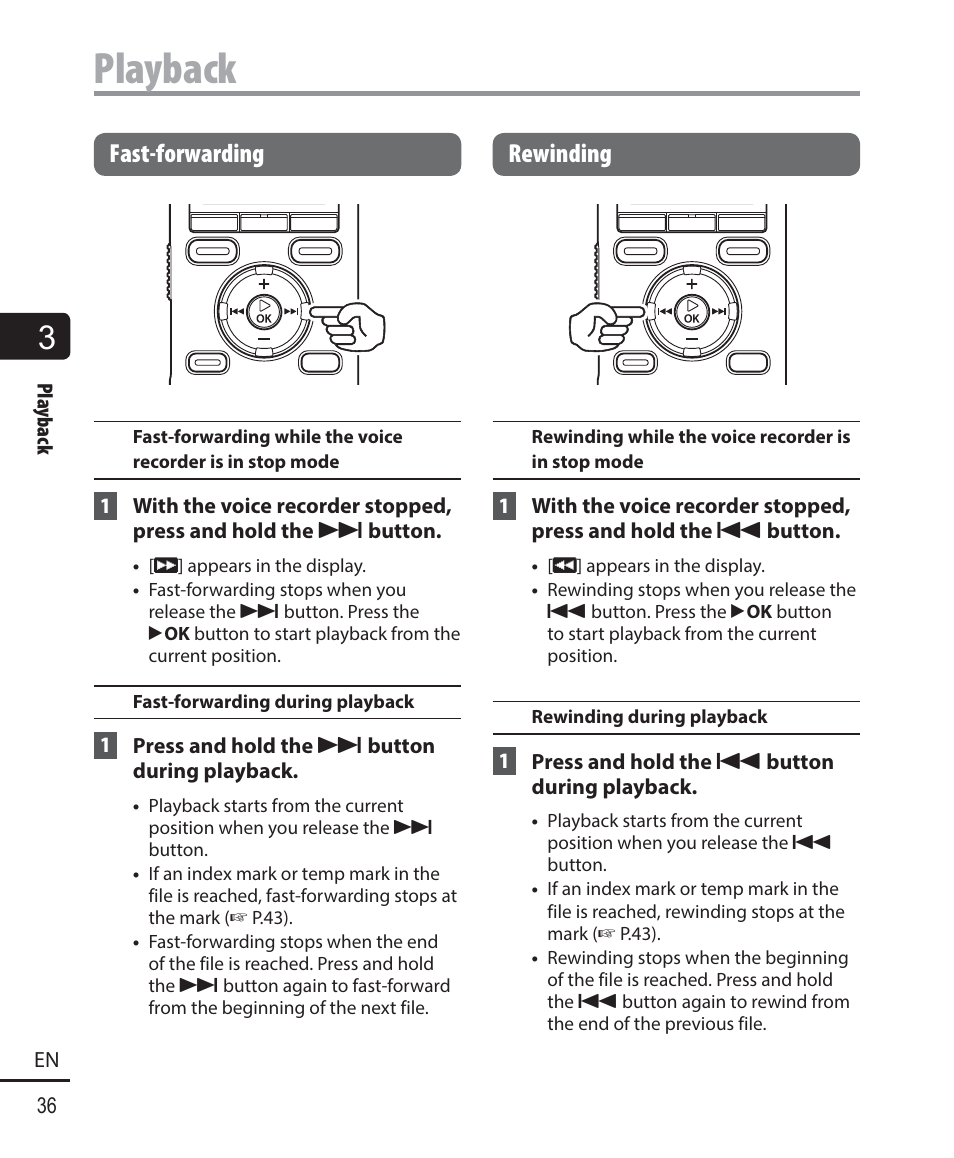 Playback, Fast-forwarding, Rewinding | Olympus WS-823 User Manual | Page 36 / 118