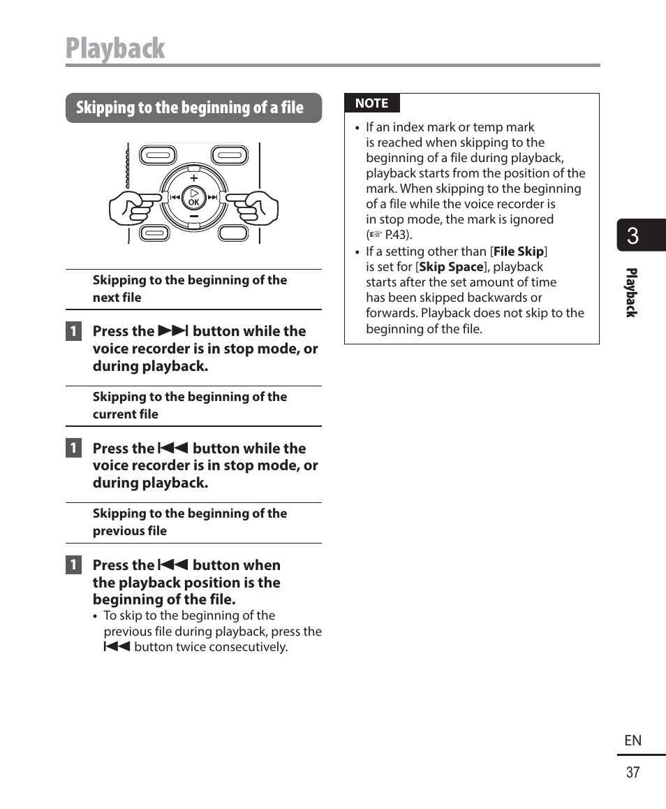 Playback, Skipping to the beginning of a file | Olympus WS-823 User Manual | Page 37 / 118