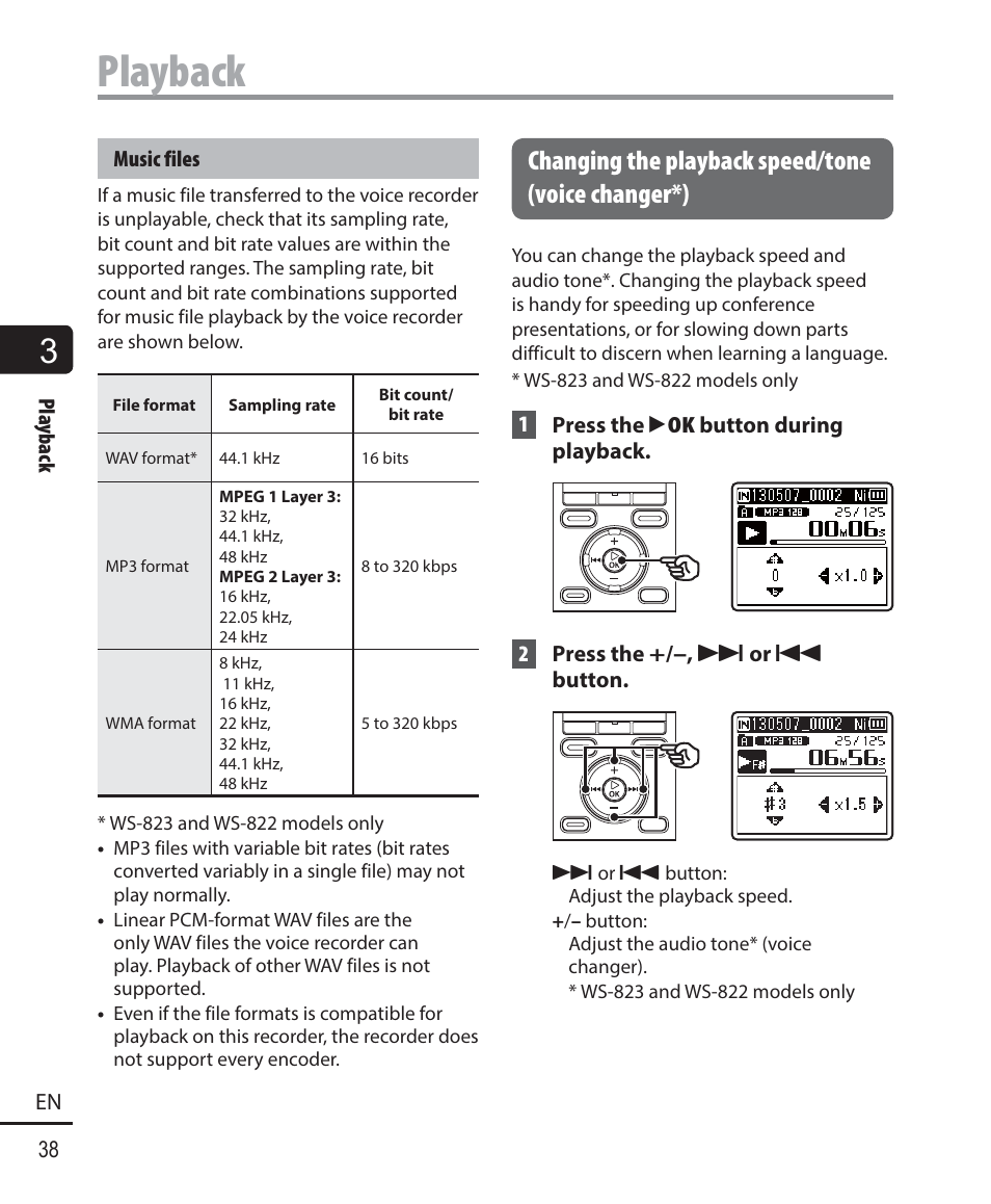 Playback, Changing the playback speed/tone (voice changer*) | Olympus WS-823 User Manual | Page 38 / 118