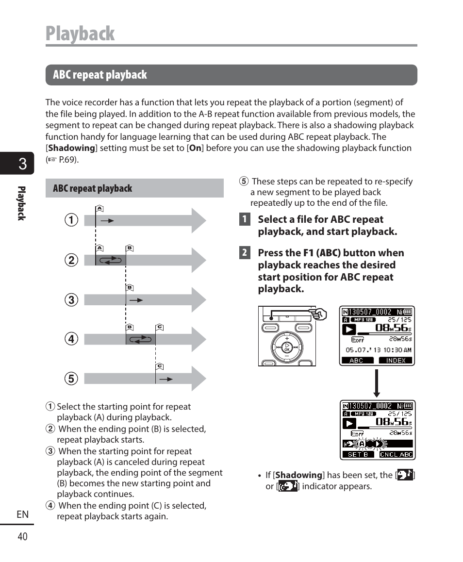 Playback, Abc repeat playback | Olympus WS-823 User Manual | Page 40 / 118
