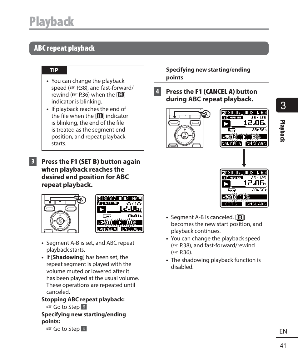 Playback, Abc repeat playback | Olympus WS-823 User Manual | Page 41 / 118