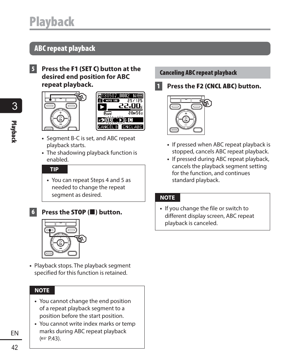 Playback, Abc repeat playback | Olympus WS-823 User Manual | Page 42 / 118