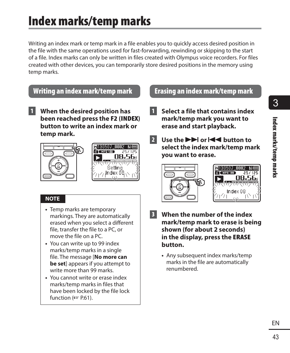 Index marks/temp marks, Writing an index mark/temp mark, Erasing an index mark/temp mark | Olympus WS-823 User Manual | Page 43 / 118