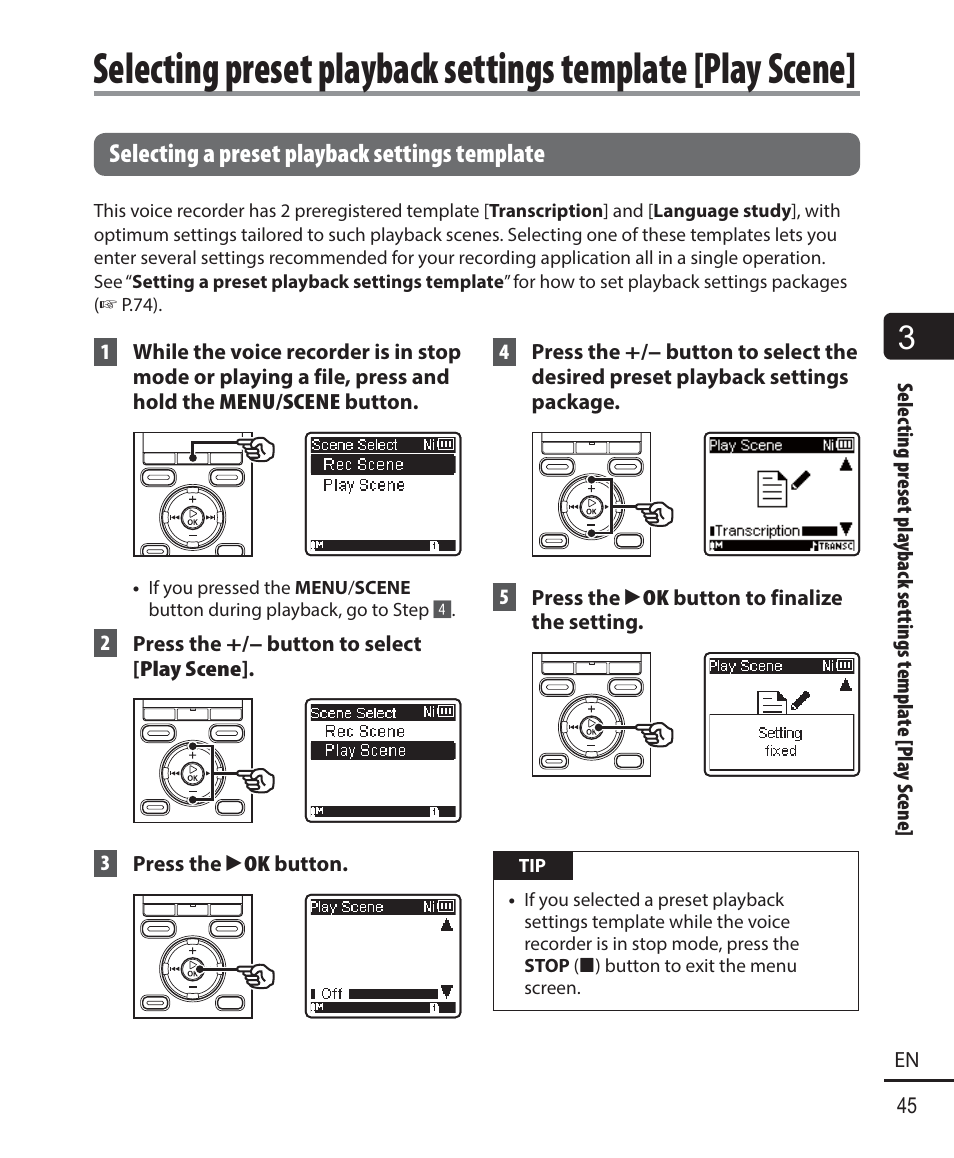 Selecting a preset playback settings template | Olympus WS-823 User Manual | Page 45 / 118