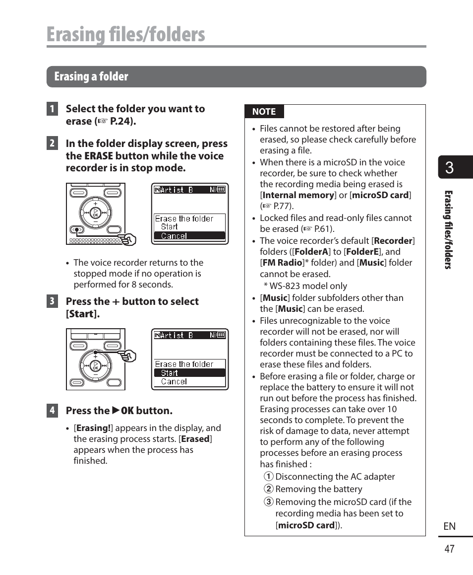 Erasing files/folders, Erasing a folder | Olympus WS-823 User Manual | Page 47 / 118