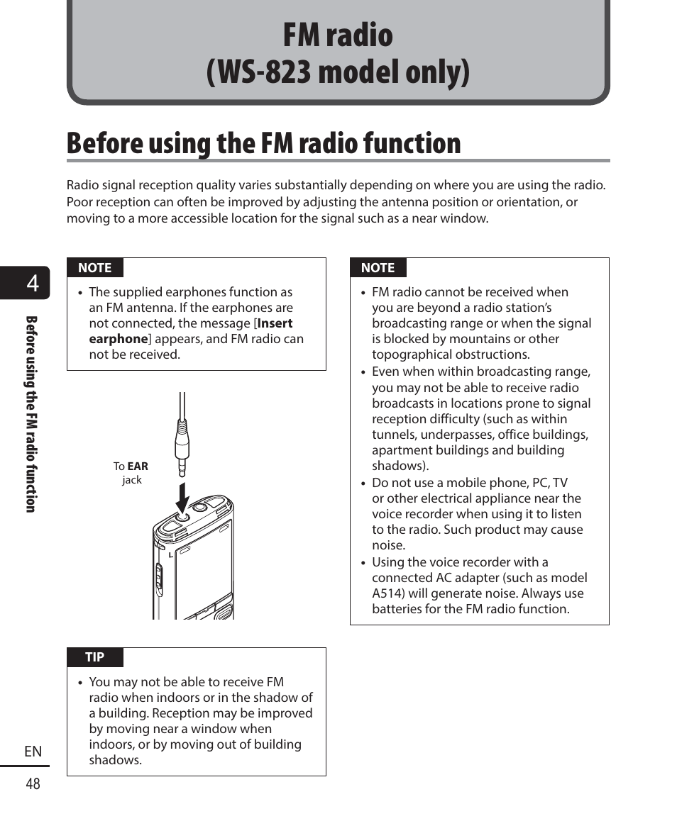 Fm radio (ws-823 model only), Before using the fm radio function | Olympus WS-823 User Manual | Page 48 / 118