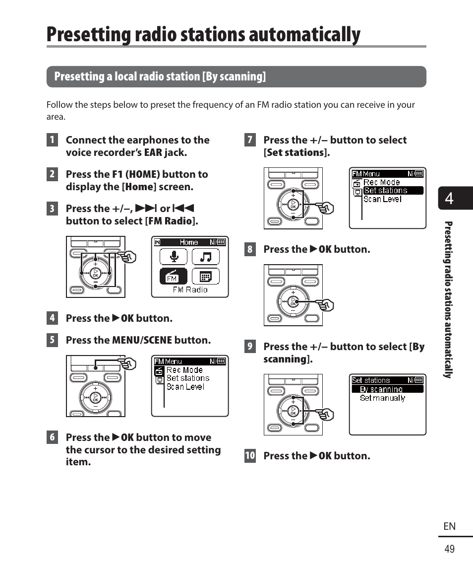 Presetting radio stations automatically | Olympus WS-823 User Manual | Page 49 / 118