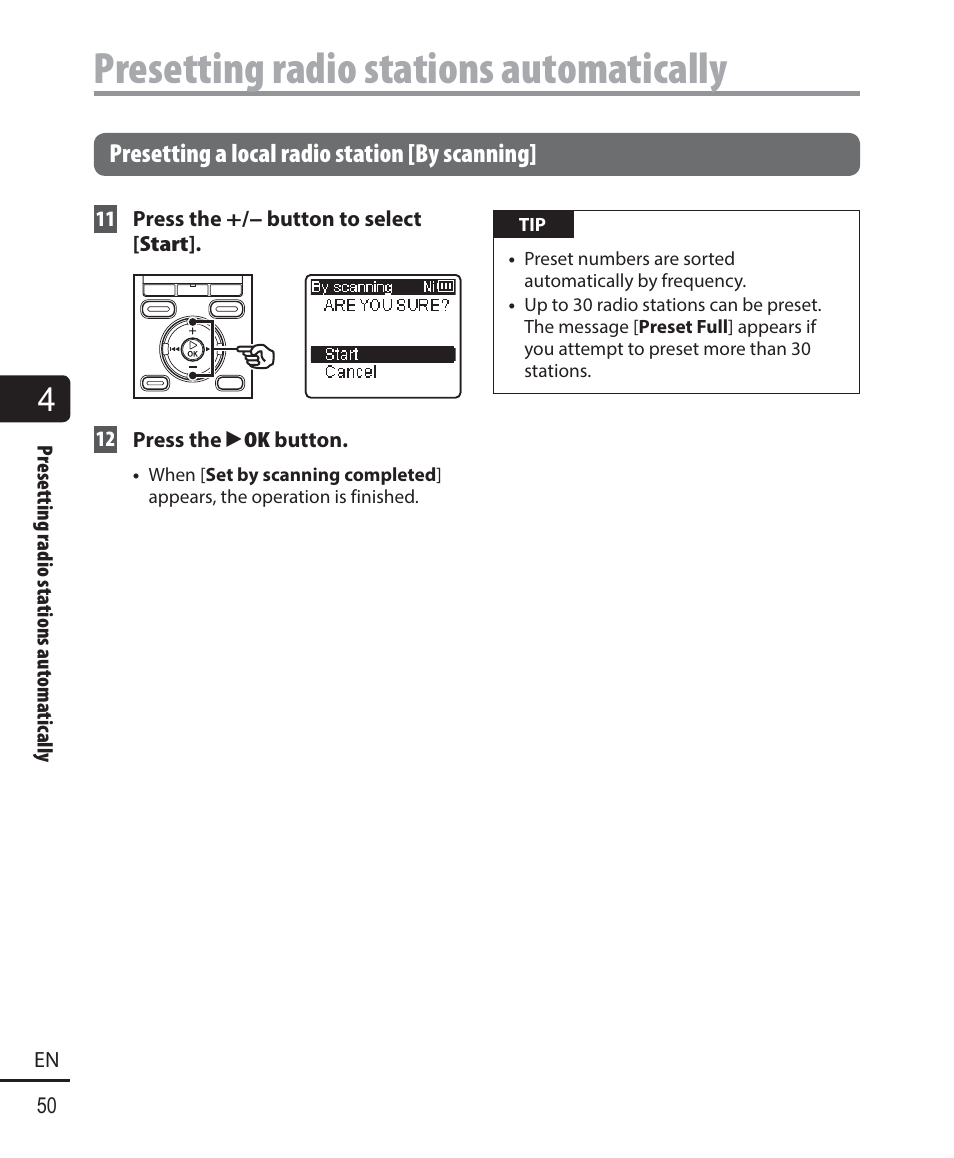 Presetting radio stations automatically | Olympus WS-823 User Manual | Page 50 / 118
