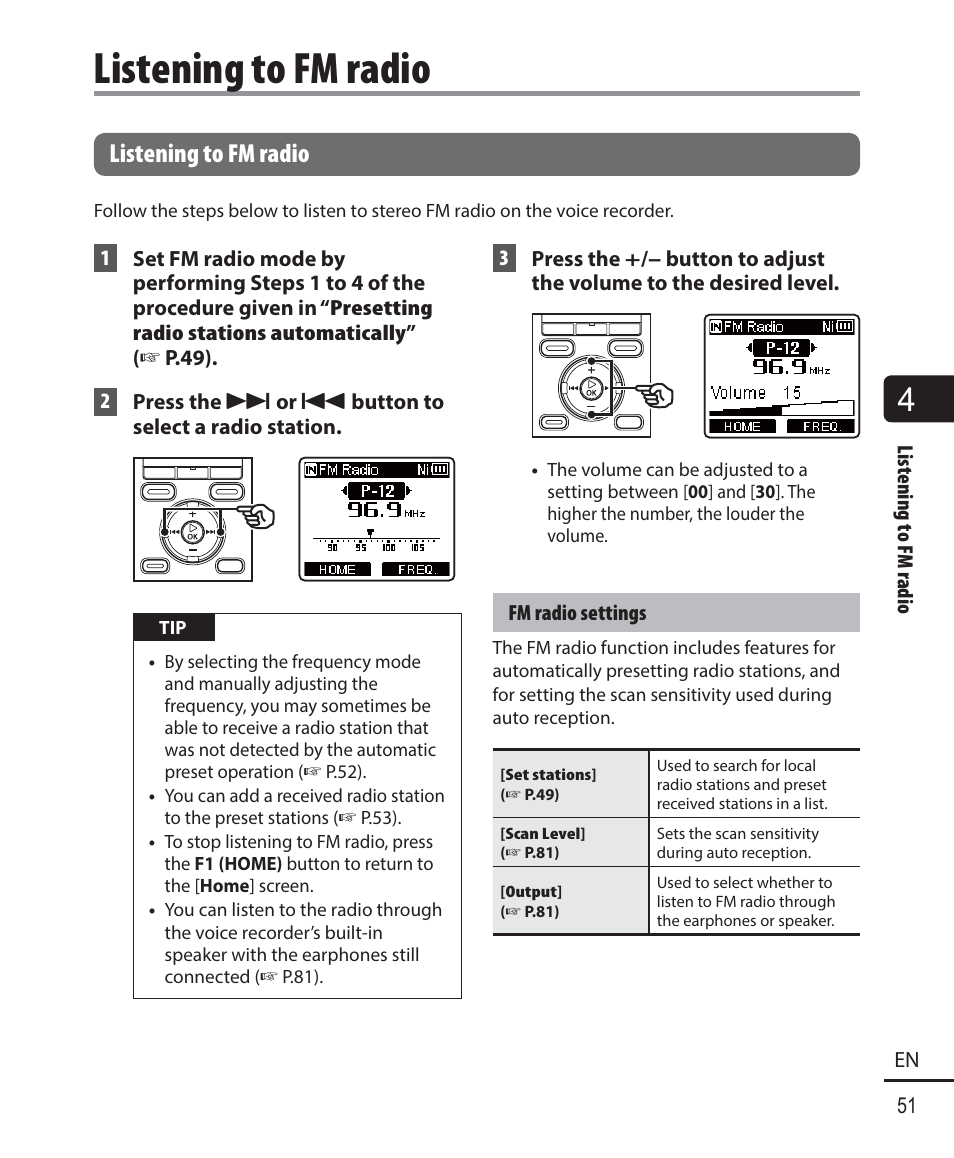 Listening to fm radio | Olympus WS-823 User Manual | Page 51 / 118