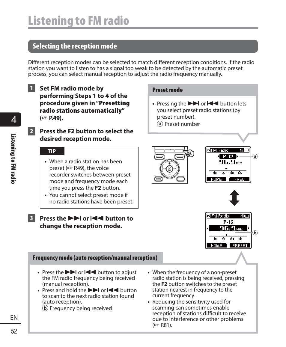 Listening to fm radio, Selecting the reception mode | Olympus WS-823 User Manual | Page 52 / 118