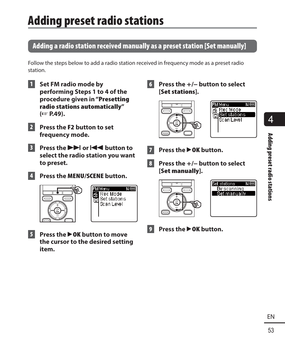 Adding preset radio stations | Olympus WS-823 User Manual | Page 53 / 118