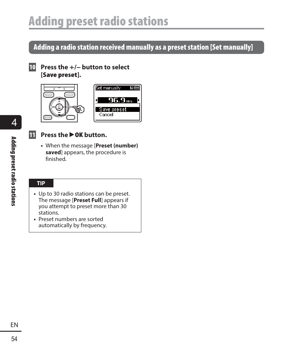 Adding preset radio stations | Olympus WS-823 User Manual | Page 54 / 118