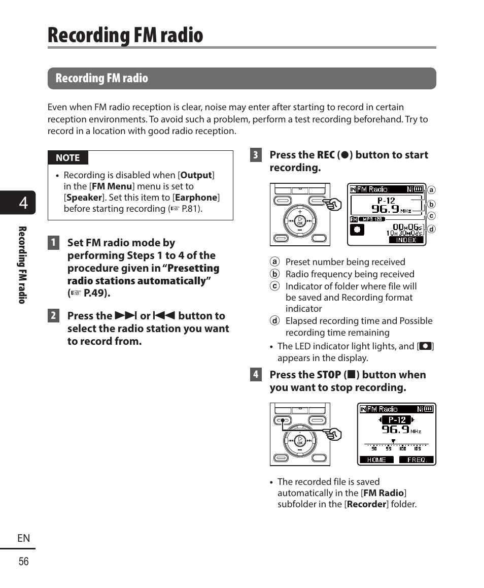 Recording fm radio | Olympus WS-823 User Manual | Page 56 / 118