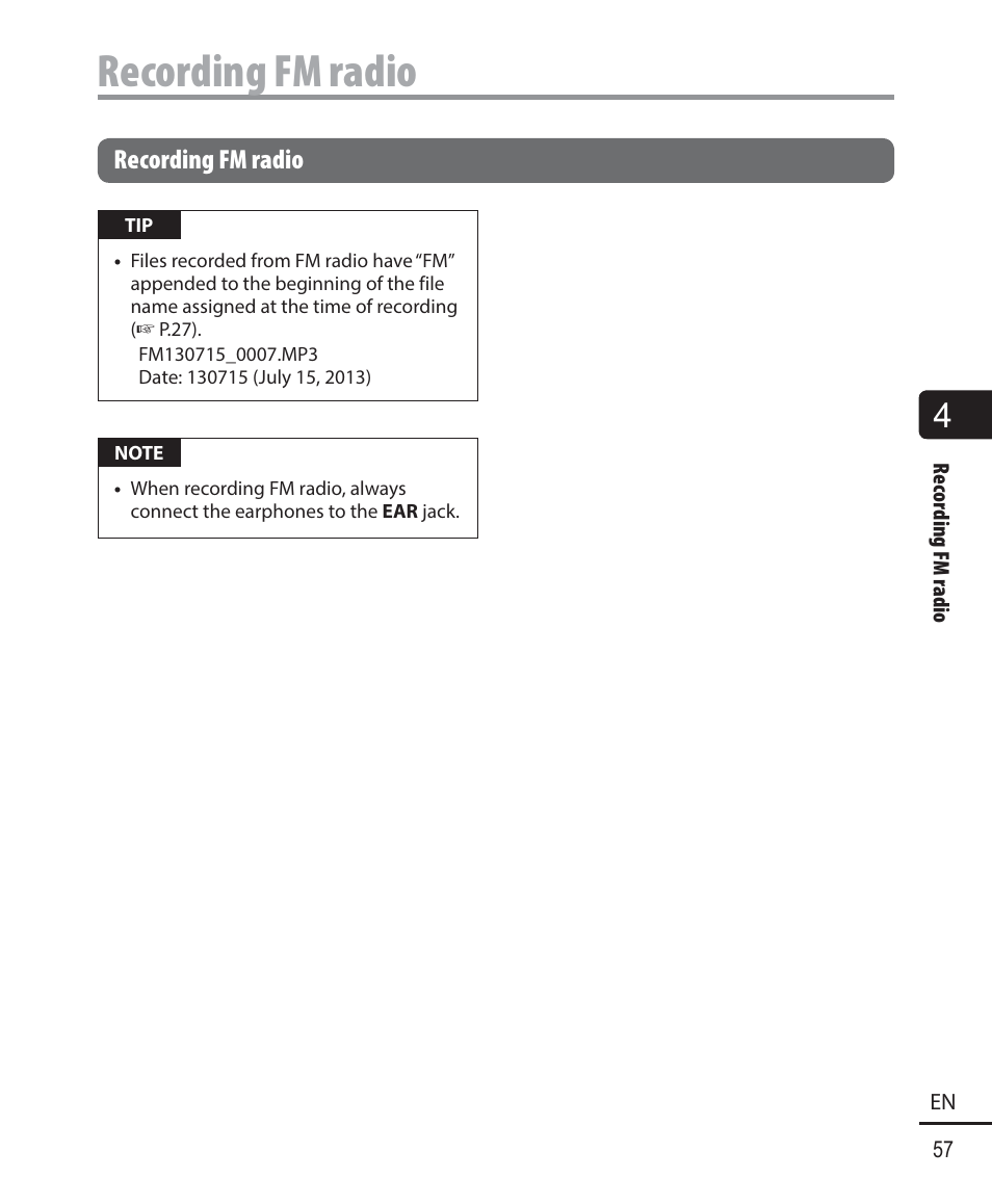 Recording fm radio | Olympus WS-823 User Manual | Page 57 / 118