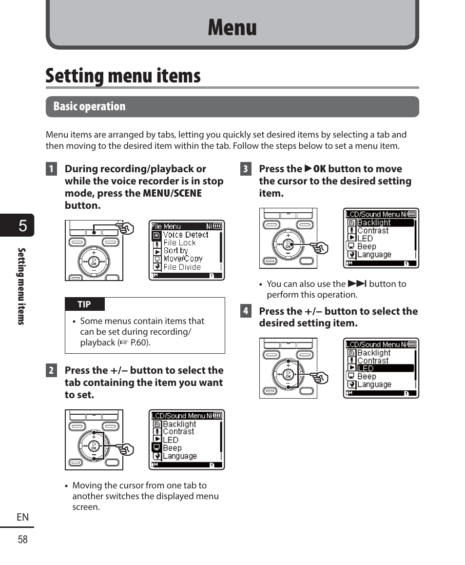 Menu, Setting menu items | Olympus WS-823 User Manual | Page 58 / 118