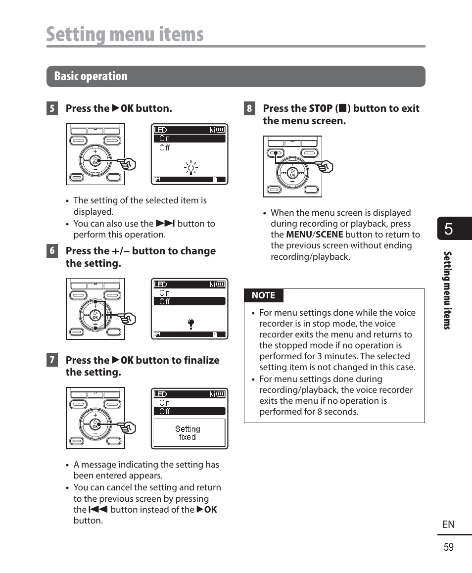 Setting menu items, Basic operation | Olympus WS-823 User Manual | Page 59 / 118
