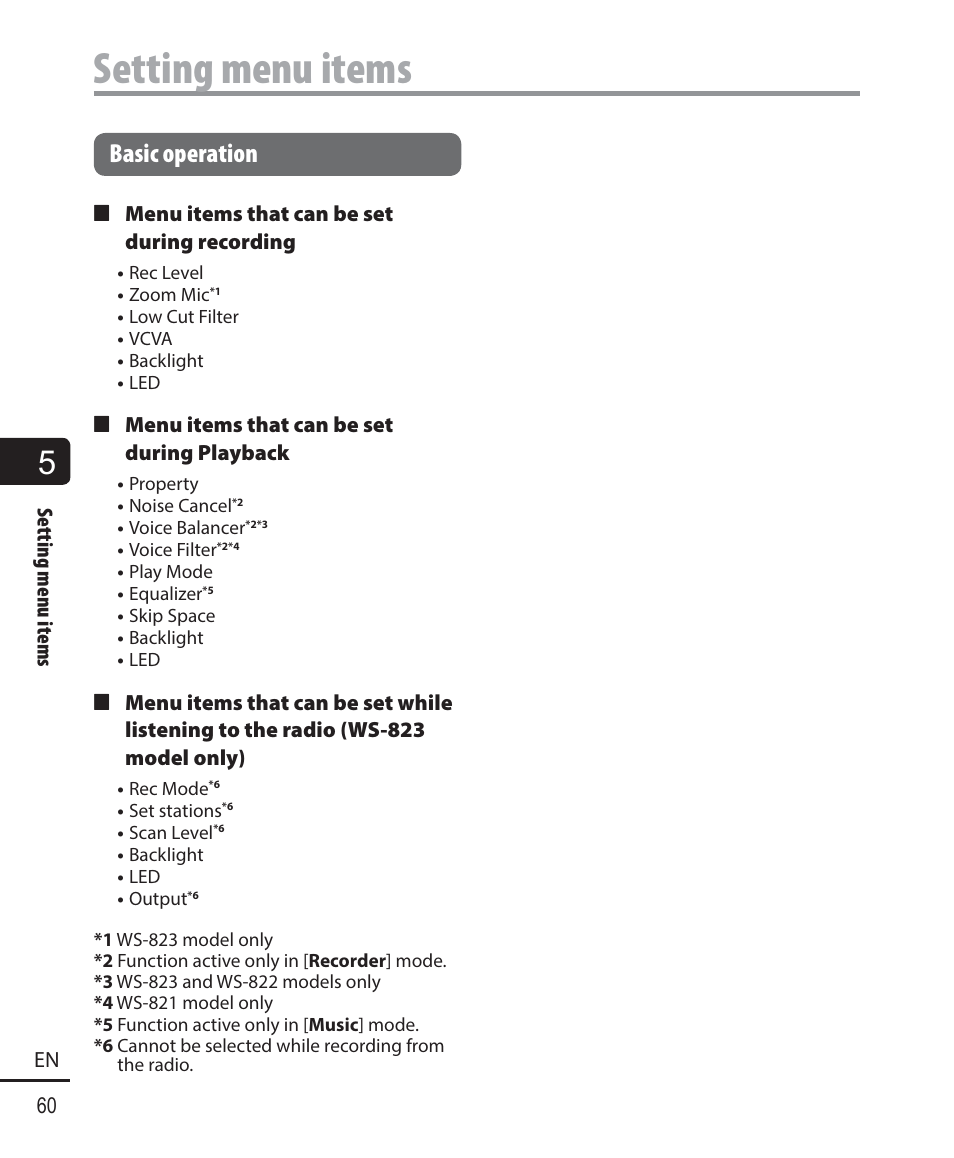 Setting menu items, Basic operation | Olympus WS-823 User Manual | Page 60 / 118