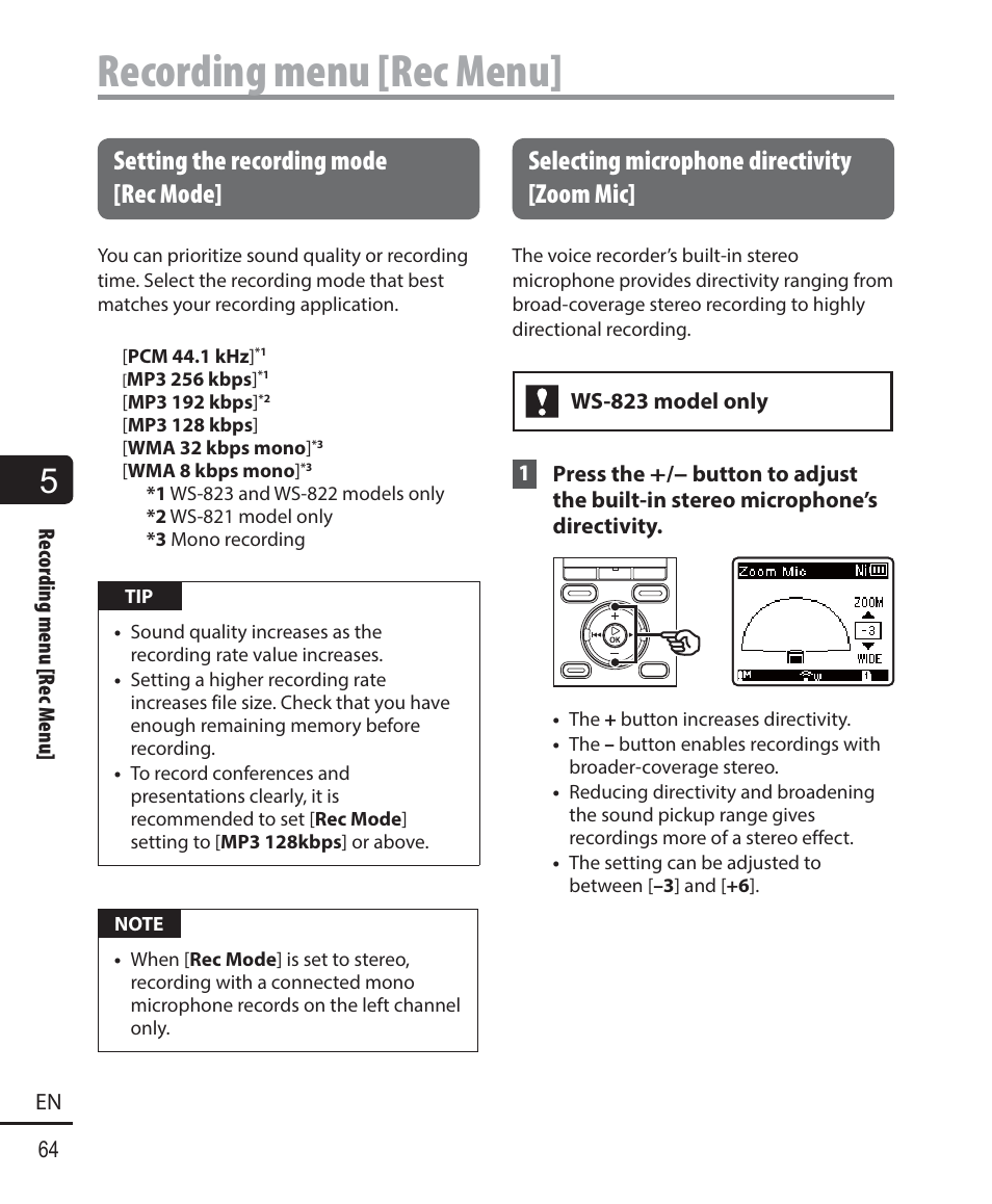 Recording menu [rec menu, Setting the recording mode [ rec mode, Selecting microphone directivity [ zoom mic | Olympus WS-823 User Manual | Page 64 / 118