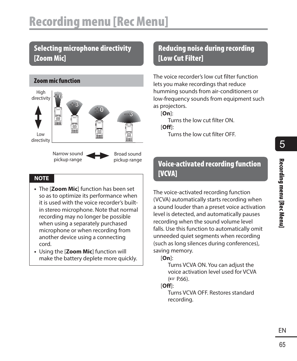Recording menu [rec menu, Selecting microphone directivity [zoom mic, Reducing noise during recording [low cut filter | Voice-activated recording function [ vcva | Olympus WS-823 User Manual | Page 65 / 118