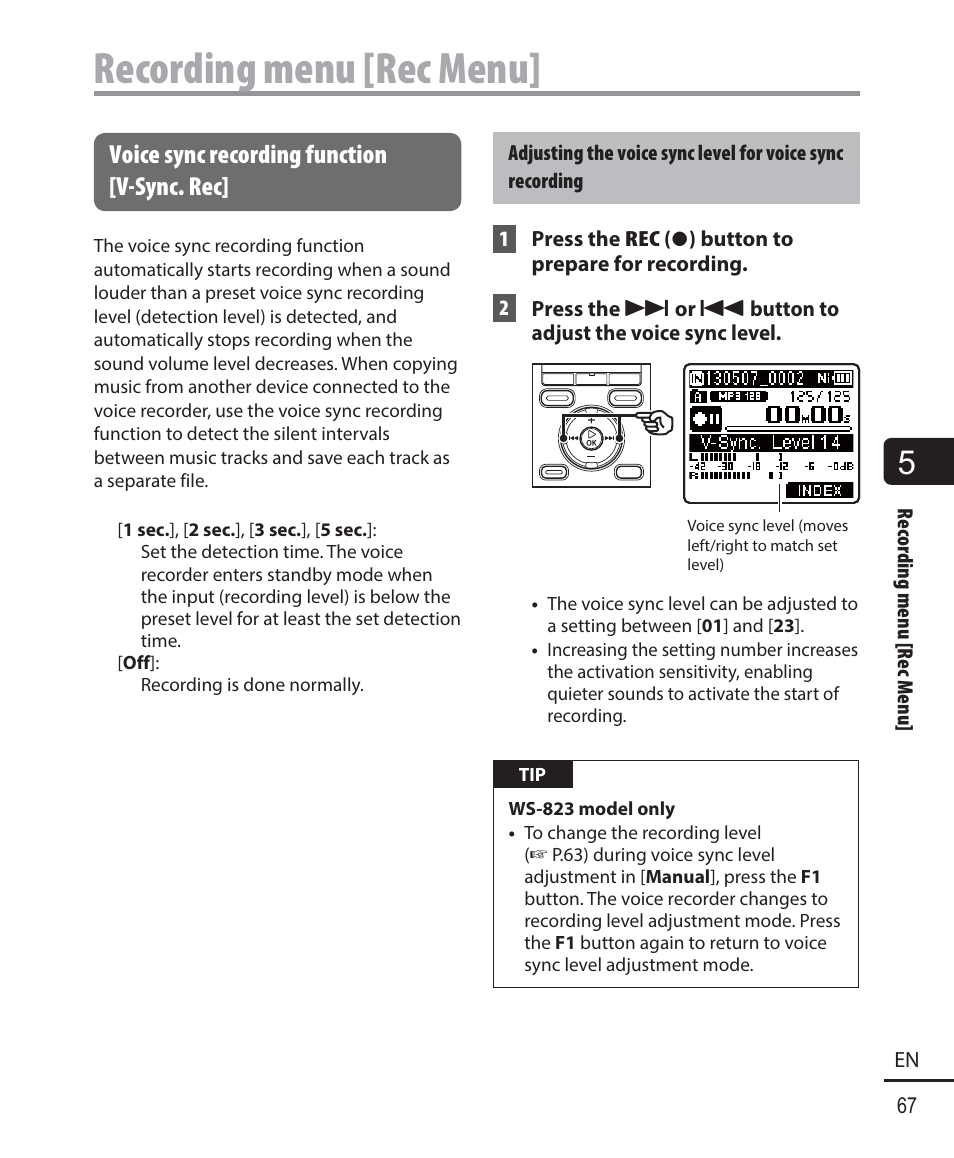 Recording menu [rec menu, Voice sync recording function [ v-sync. rec | Olympus WS-823 User Manual | Page 67 / 118