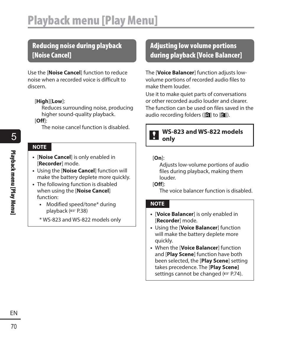 Playback menu [play menu, Reducing noise during playback [noise cancel | Olympus WS-823 User Manual | Page 70 / 118