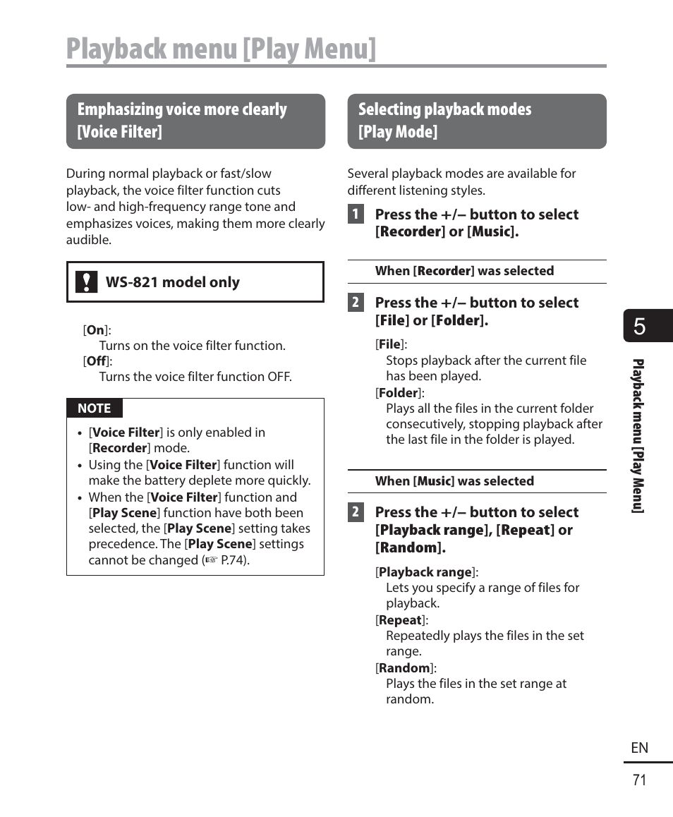 Playback menu [play menu, Emphasizing voice more clearly [voice filter, Selecting playback modes [play mode | Olympus WS-823 User Manual | Page 71 / 118