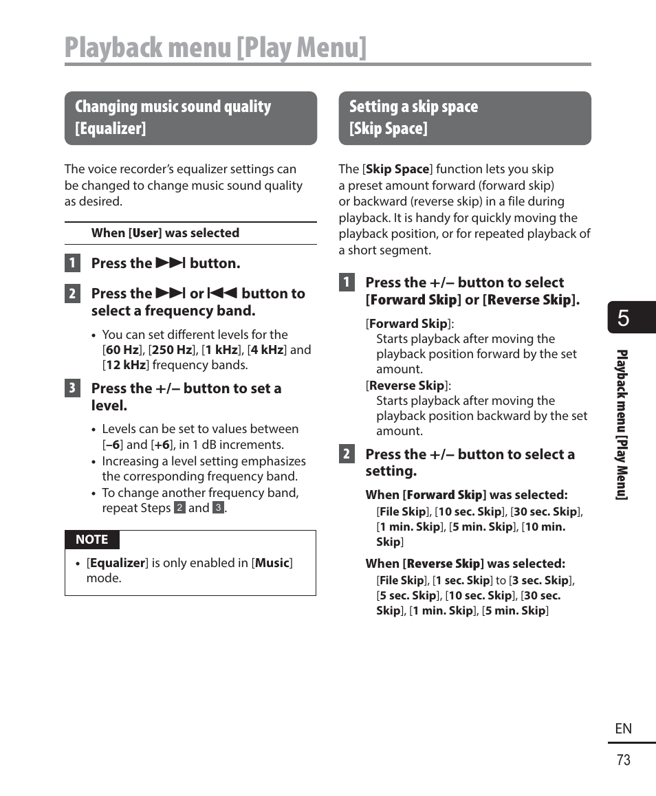 Playback menu [play menu, Changing music sound quality [equalizer, Setting a skip space [skip space | Olympus WS-823 User Manual | Page 73 / 118