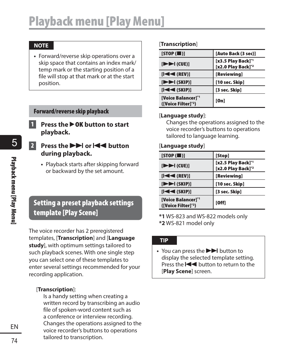 Playback menu [play menu, 74 en pla yback menu [pla y menu | Olympus WS-823 User Manual | Page 74 / 118