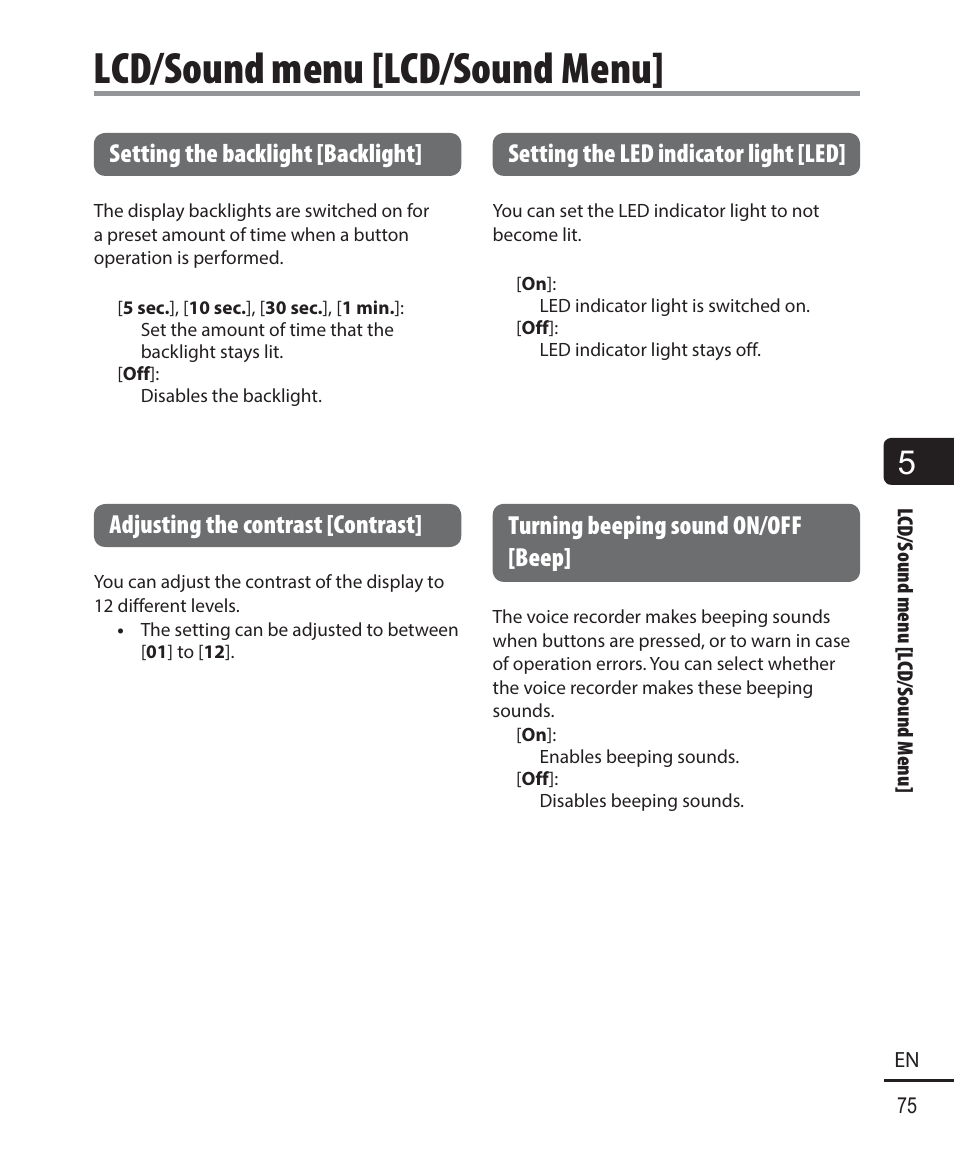 Lcd/sound menu [lcd/sound menu, Setting the backlight [backlight, Adjusting the contrast [contrast | Setting the led indicator light [led, Turning beeping sound on/off [beep | Olympus WS-823 User Manual | Page 75 / 118