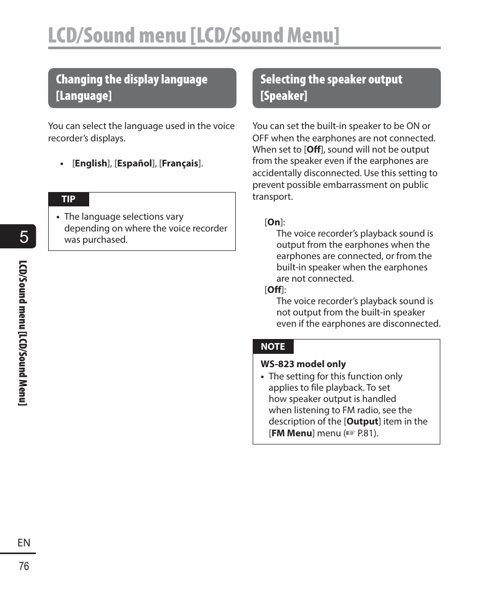 Lcd/sound menu [lcd/sound menu, Changing the display language [language, Selecting the speaker output [speaker | Olympus WS-823 User Manual | Page 76 / 118