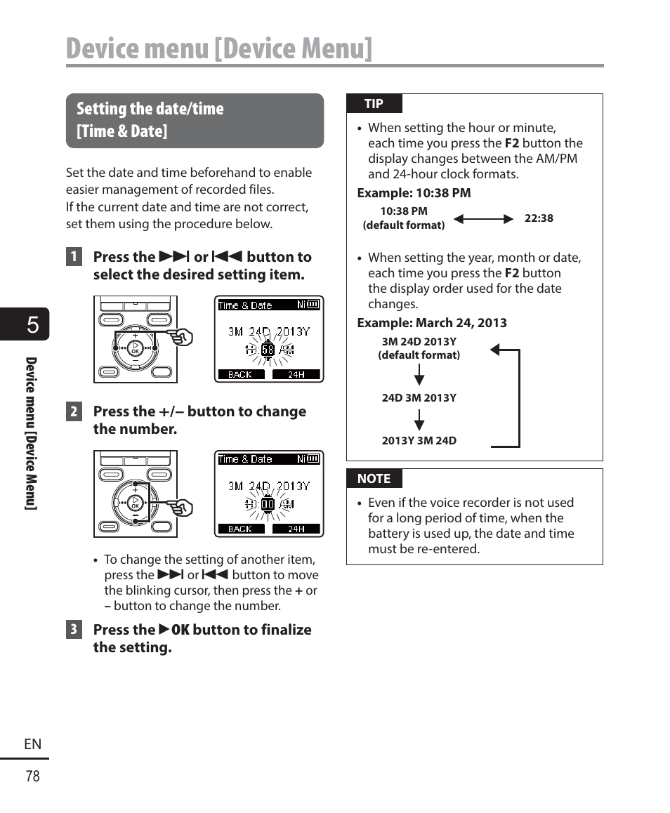 Device menu [device menu, Setting the date/time [time & date | Olympus WS-823 User Manual | Page 78 / 118