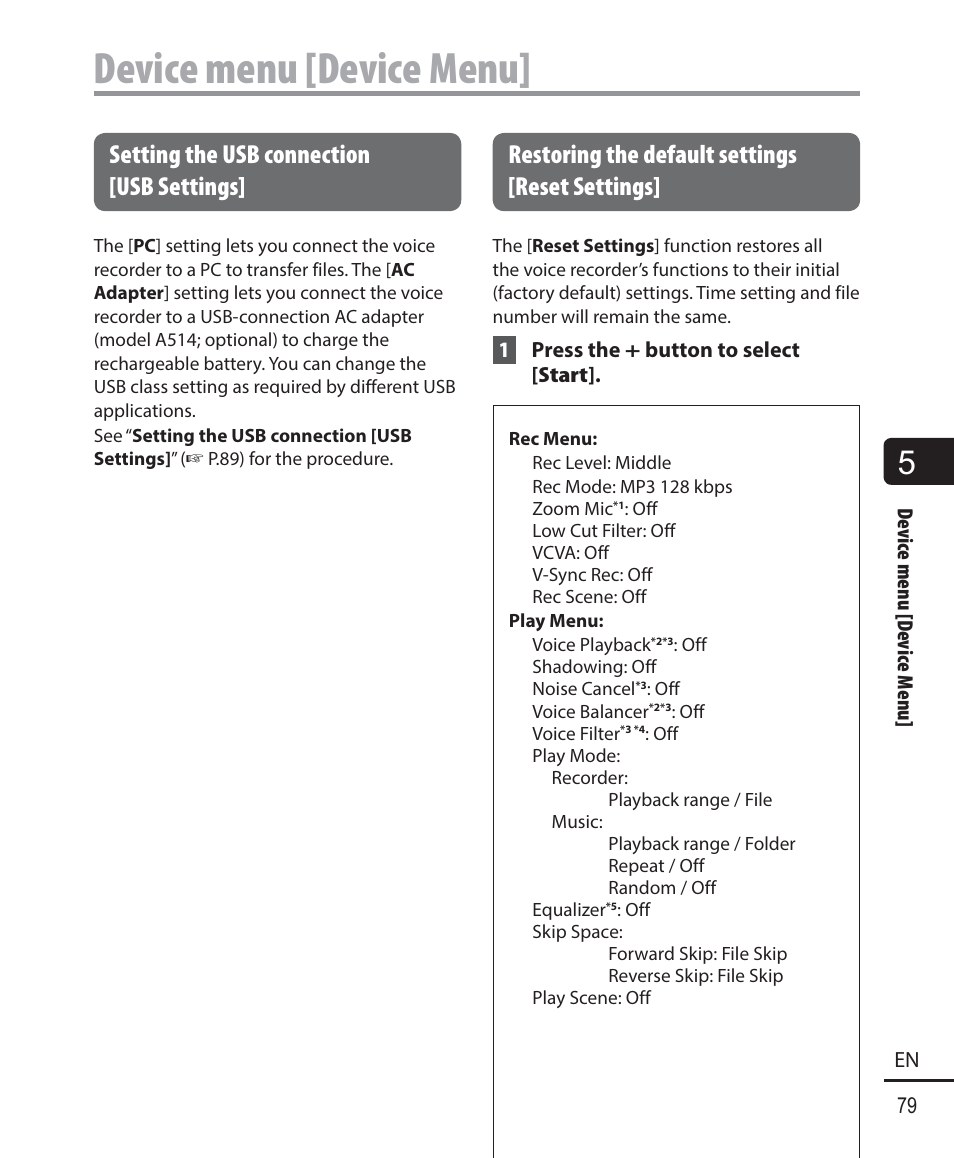 Device menu [device menu, Setting the usb connection [usb settings, Restoring the default settings [reset settings | Olympus WS-823 User Manual | Page 79 / 118