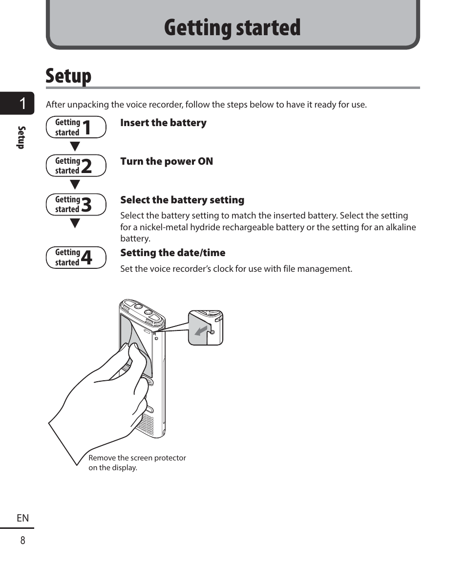 Getting started, Setup | Olympus WS-823 User Manual | Page 8 / 118