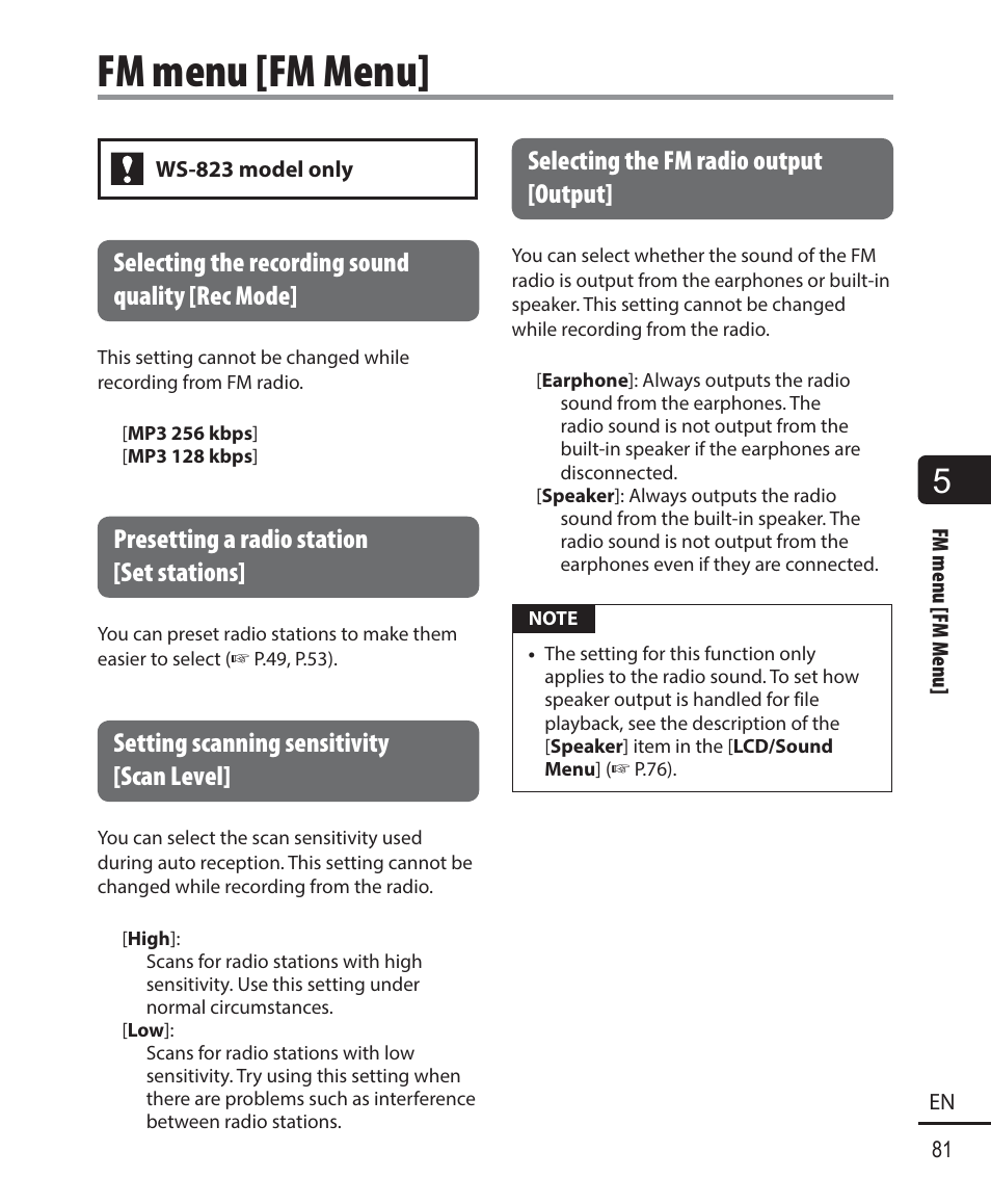 Fm menu [ fm menu, Selecting the recording sound quality [rec mode, Presetting a radio station [set stations | Setting scanning sensitivity [scan level, Selecting the fm radio output [output | Olympus WS-823 User Manual | Page 81 / 118