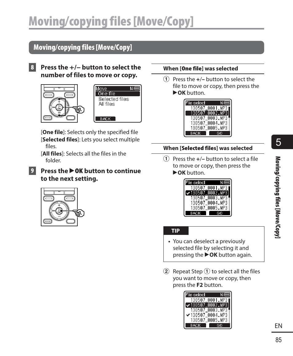 Moving/copying files [move/copy | Olympus WS-823 User Manual | Page 85 / 118