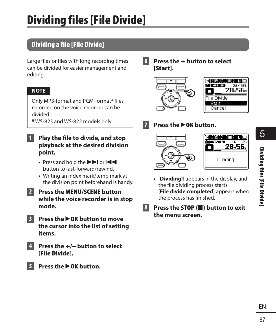 Dividing files [file divide, Dividing a file [file divide | Olympus WS-823 User Manual | Page 87 / 118