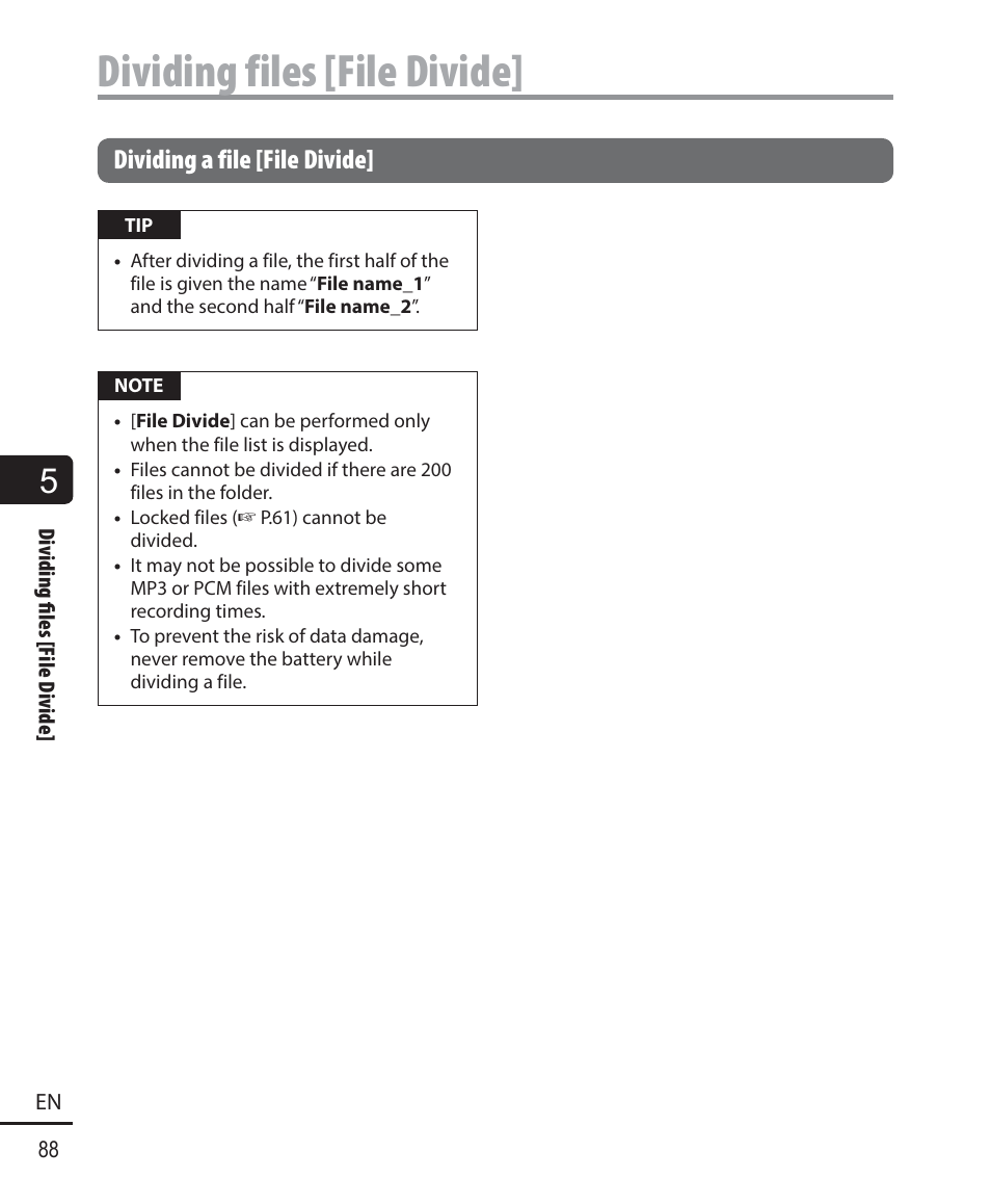 Dividing files [file divide, Dividing a file [file divide | Olympus WS-823 User Manual | Page 88 / 118