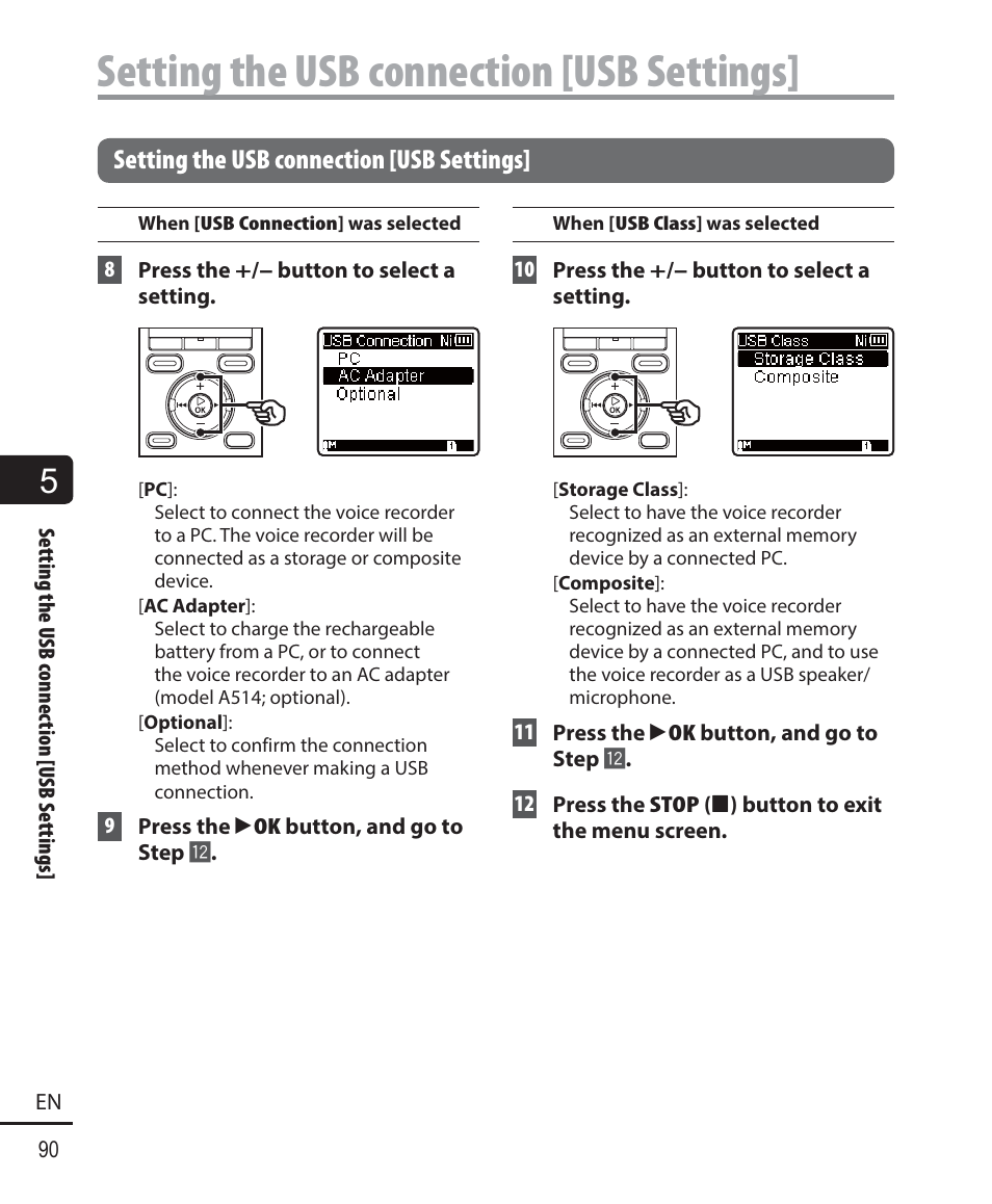 Setting the usb connection [usb settings | Olympus WS-823 User Manual | Page 90 / 118