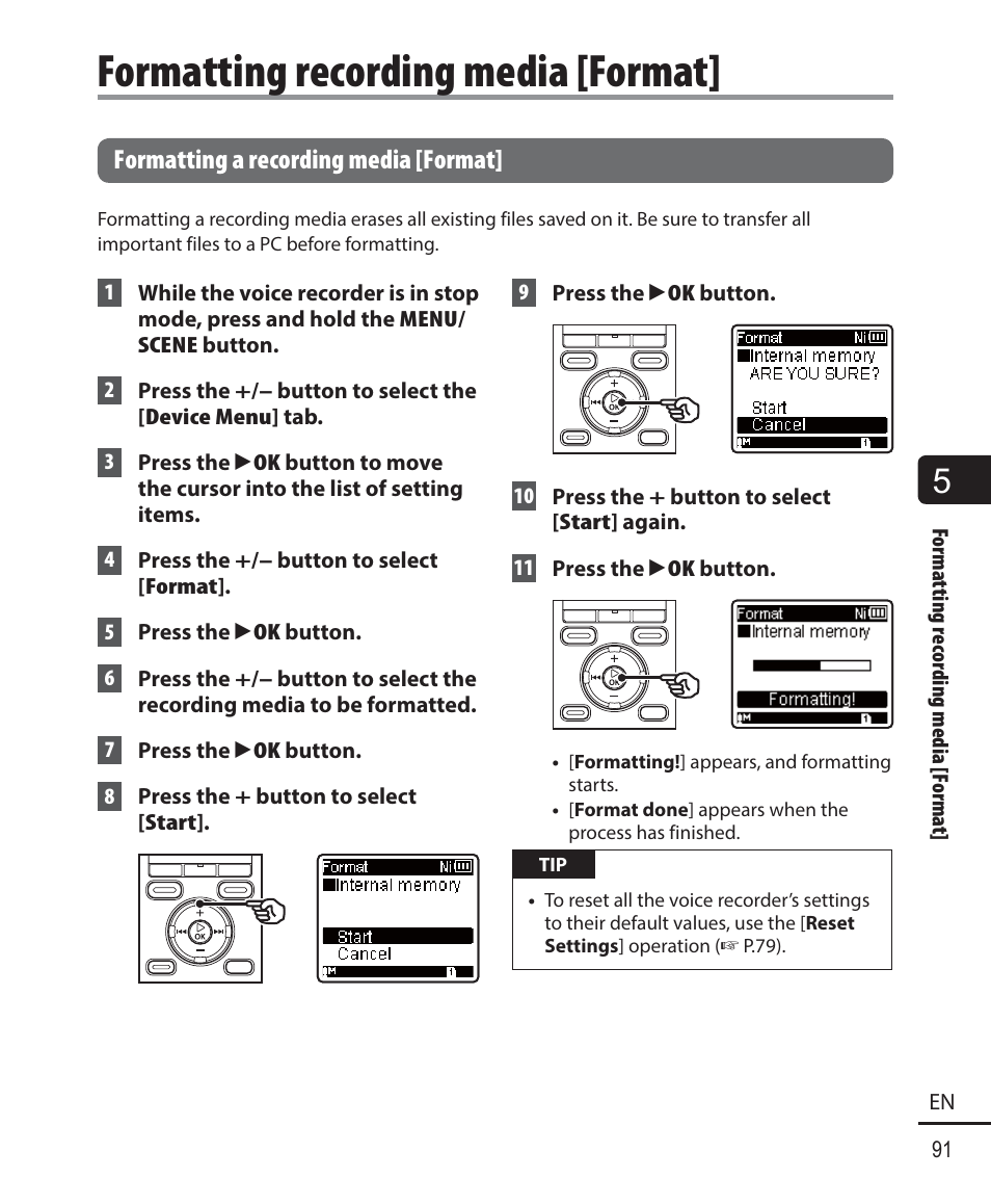 Formatting recording media [format, Formatting a recording media [format | Olympus WS-823 User Manual | Page 91 / 118
