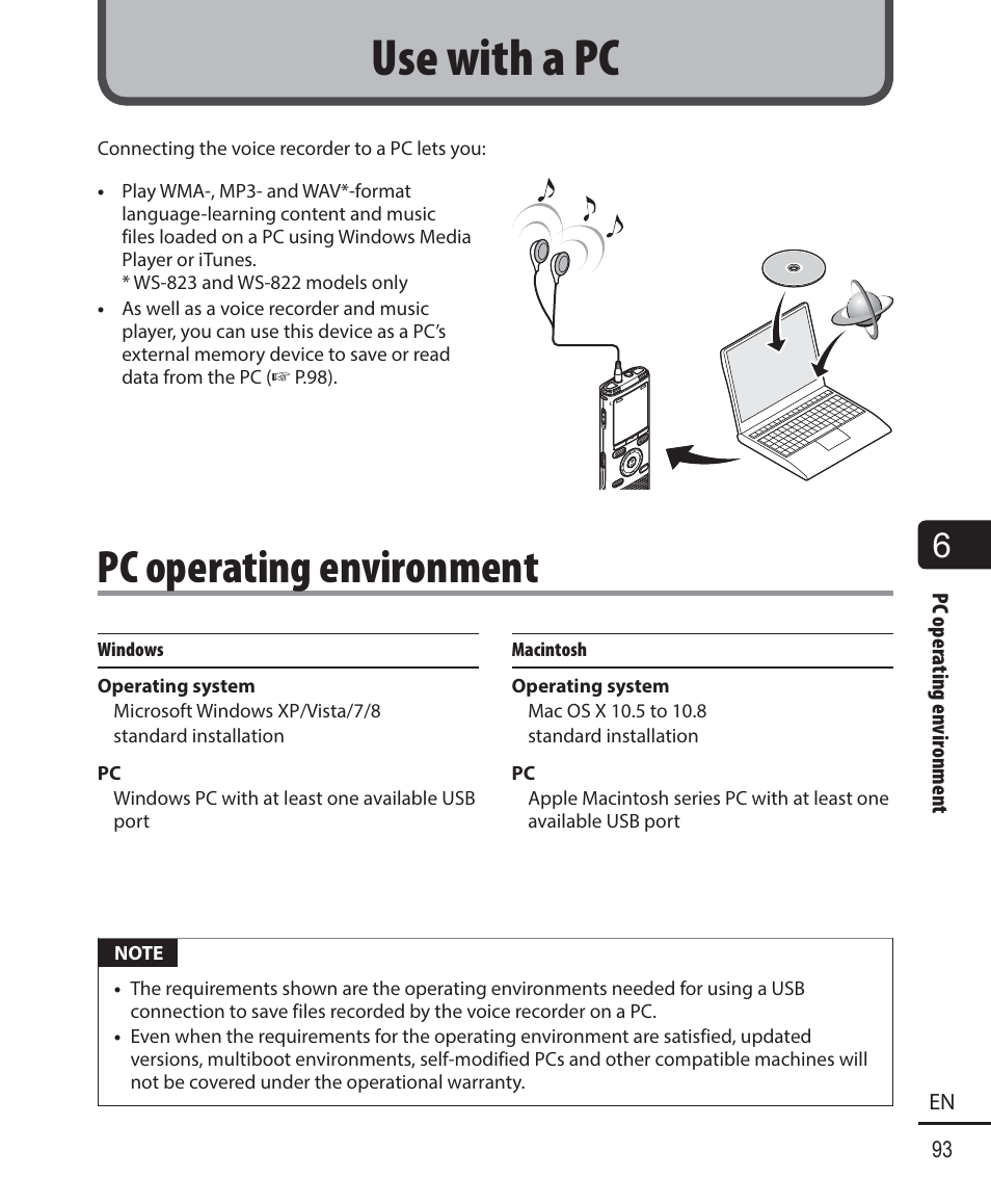 Use with a pc, Pc operating environment | Olympus WS-823 User Manual | Page 93 / 118