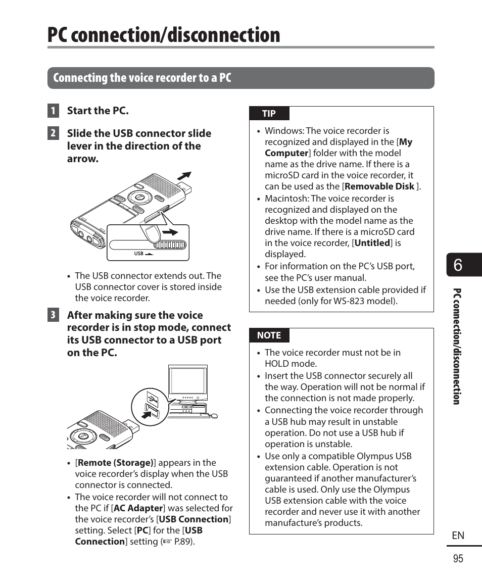 Pc connection/disconnection, Connecting the voice recorder to a pc | Olympus WS-823 User Manual | Page 95 / 118