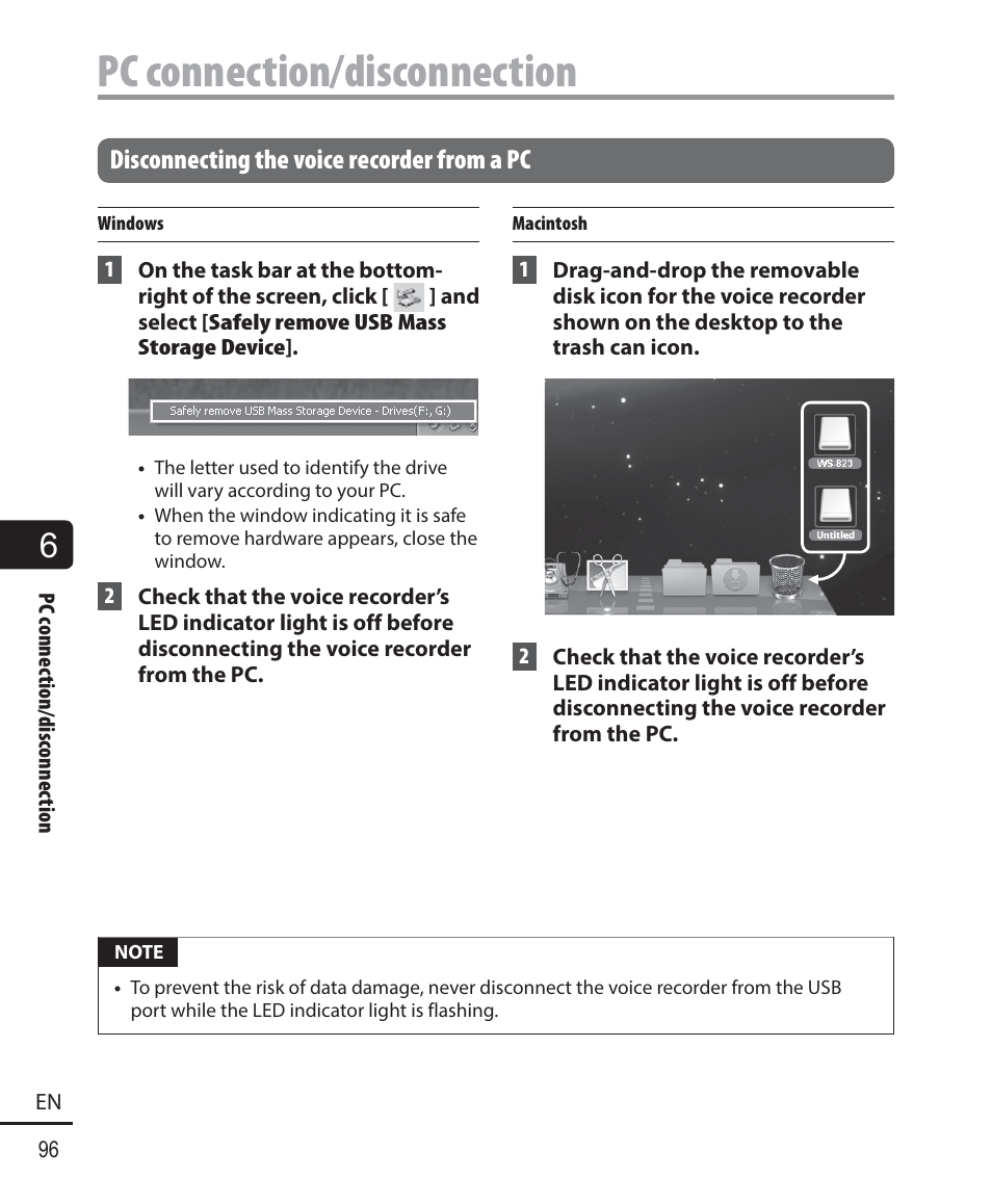 Pc connection/disconnection, Disconnecting the voice recorder from a pc | Olympus WS-823 User Manual | Page 96 / 118