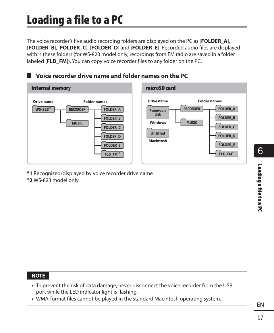 Loading a file to a pc, Loading a fi le to a pc 97 en, Microsd card | Olympus WS-823 User Manual | Page 97 / 118