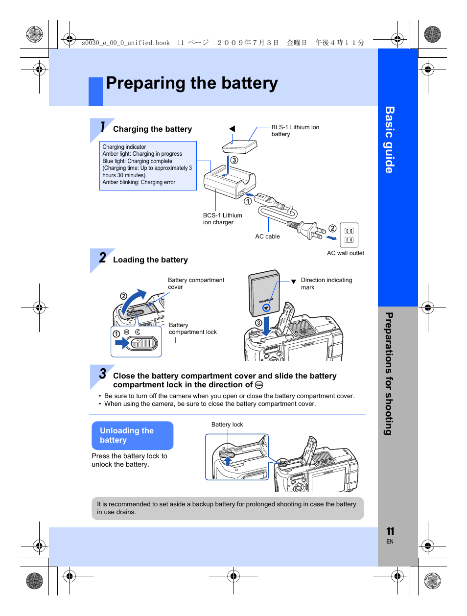 Preparing the battery, Basic guid e | Olympus E-600 User Manual | Page 11 / 156