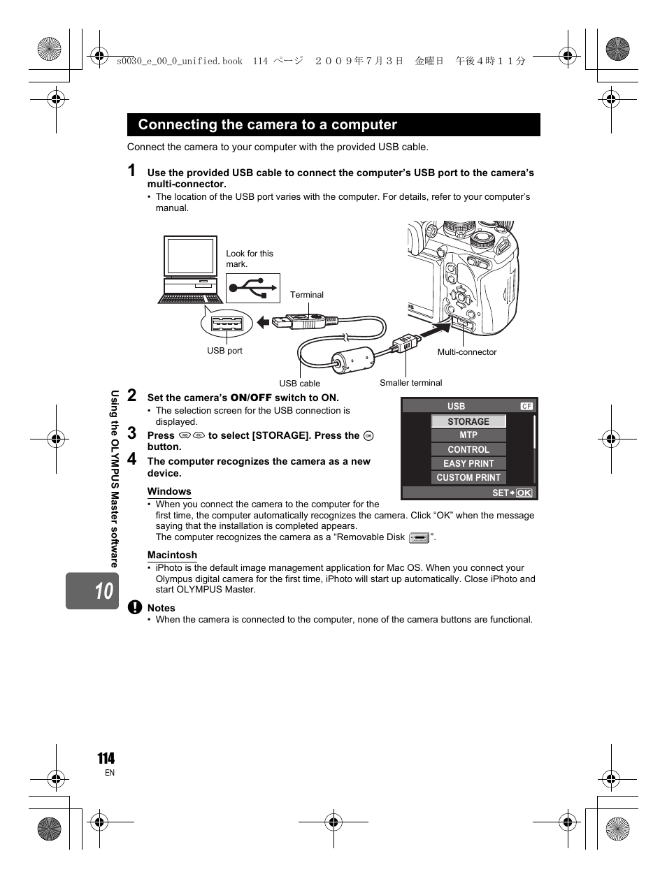Connecting the camera to a computer | Olympus E-600 User Manual | Page 114 / 156